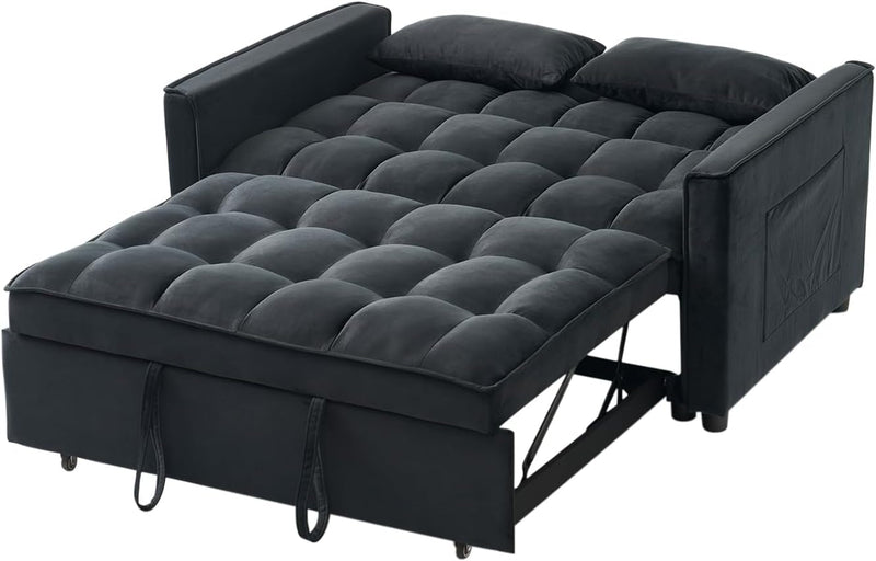 54.8'' Sleeper Sofa Bed 3-In-1 Convertible Couch with Pullout Bed, Reclining Backrest, Storage Pockets – Modern Space Lounge Furniture for Living Room, Includes Toss Pillows,Black