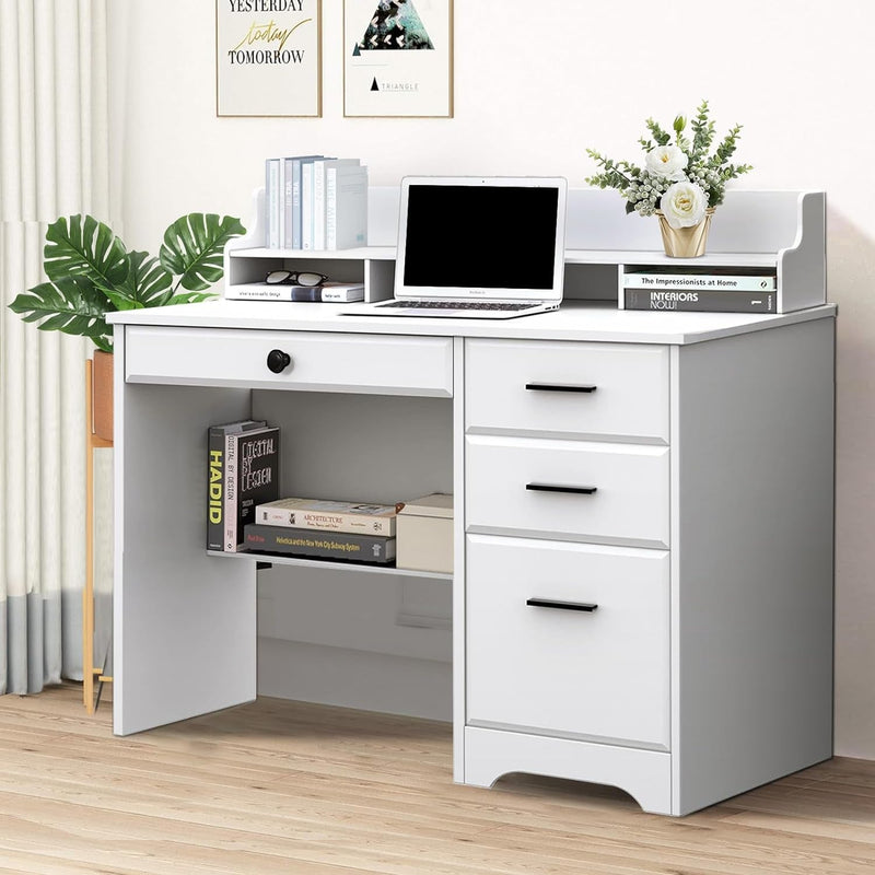 Catrimown Computer Desk with Storage Drawers and Hutch, 44 Inch Home Office Desks with 4 Drawers & Monitor Stand for Small Space, Small White Desk Writing Table Study Desks for Bedroom, White