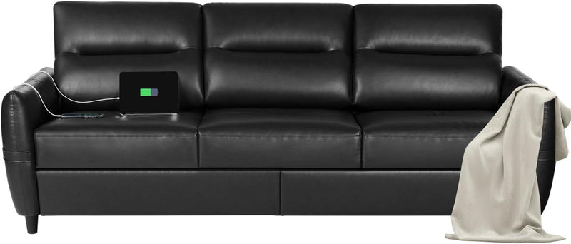 Black 3 Seater 85” Couch Sofa, Faux Leather Mid Century Modern Comfy Couch, Vintage Tufted Stain Resistant Couch with USB Charging Port for Living Room, Office, Bedroom, Apartment (Black)