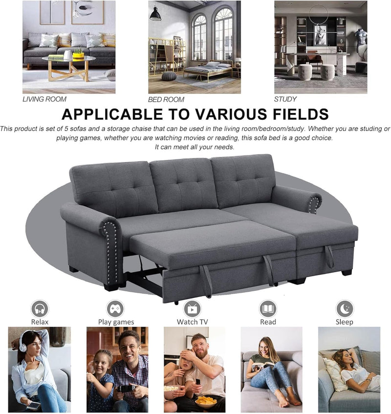 BEEY Small Sleeper Sofa, 86" Small Sectional Couch with Storage Chaise and Pull Out Bed, L Shaped Convertible Sleeper Couches for Bedroom, Living Room - Dark Grey