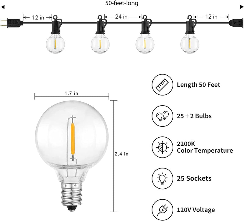 Brightown Outdoor String Lights - Connectable Dimmable LED Patio String Lights with G40 Globe Plastic Bulbs, All Weatherproof Hanging Lights for outside Backyard Porch (50 Ft - 25 LED Bulbs)