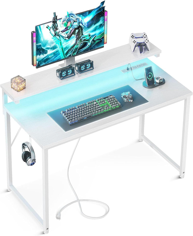 AODK Computer Desk, 48 Inch Gaming Desk with LED Lights and Power Outlet, Office Desk with Adjustable Monitor Shelf (3 Heights), Computer Table Work Desk for Home/Bedroom, Black