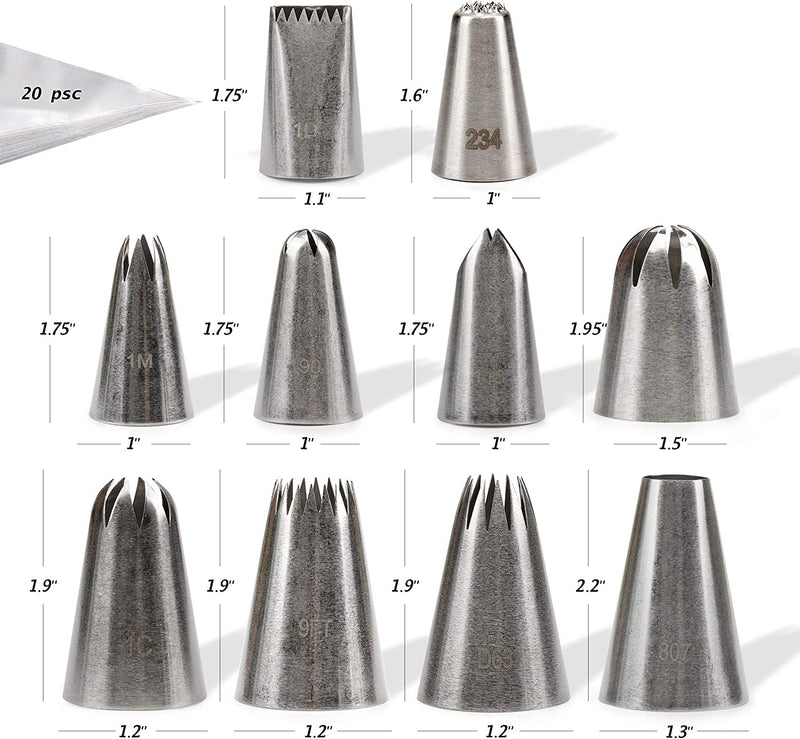 Cake Decorating Icing Piping Tip Set, 10 X-Large Decorating Tips Stainless Steel plus 20 Disposable Pastry Bags