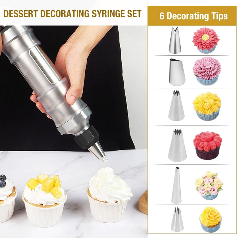 Dessert Decorating Syringe Set Frosting Piping Kit Stainless Steels Cake Decorating Tool 6 Russian Piping Icing Nozzles Cream Scraper Cupcake Frosting Filling Injector Cake Icing Tools