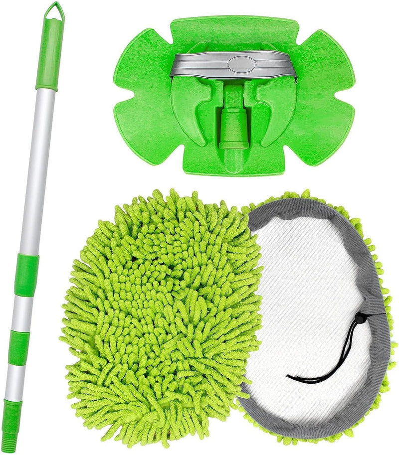 47.5" Car Wash Brush Mop Cleaning Tool with Long Handle Kit for Washing Detailing Cars Truck, SUV, RV, Trailer, Boat 2 in 1 Chenille Microfiber Sponge Duster Not Hurt Paint Scratch Free