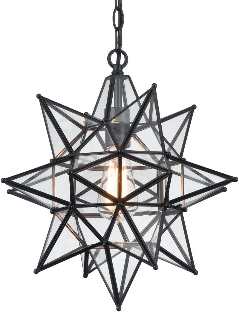 DIRYZON 16“ Modern Moravian Star Pendant Light,Boho Black Pendant Light Fixture,Clear Glass Adjustable Chain