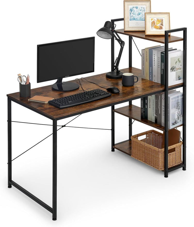 Athena Collection 48" Gaming Computer Desk with Reversible Storage Shelves, Home Office Desk Work Study Writing Desk Table for Bedroom Small Space, Modern Simple Wood Desk Laptop Desk, Rustic Brown