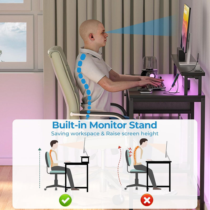 Greenforest Computer Desk with Drawers 39 Inch,Gaming Desk with LED Lights & Power Outlets Small Desk with Monitor Stand and Reversible Shelf,Black