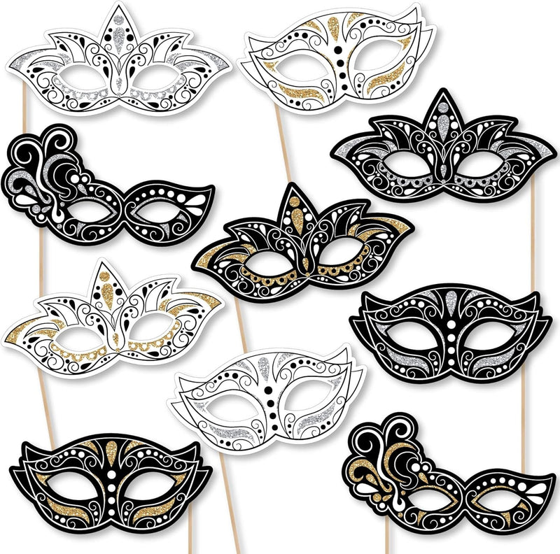 Big Dot of Happiness Masquerade Masks - Paper Card Stock Venetian Mask Party Photo Booth Props Kit - 10 Count