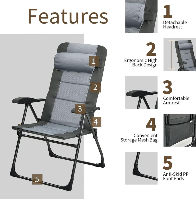 Giantex Set of 2 Patio Dining Chairs with Footstools, Folding Recliner Chairs with 7-Position Adjustable Backrest, Headrest, Mesh Bag, Outdoor Portable Lounge Chairs for Poolside Backyard, Grey