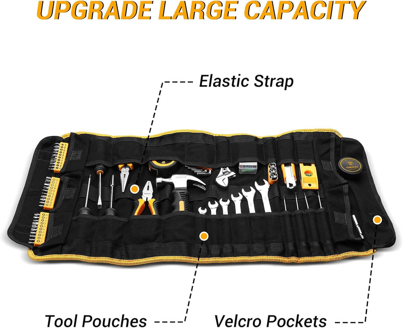 DEKOPRO Tool Roll Bag with Tool Set: Small Tool Roll Organizer Pouch Pocket Bag with Tool Kit Gifts for Men Heavy Duty Tool Storage Bags Pouches Mechanic, Electrician Tools