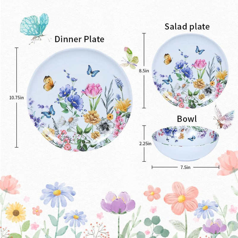 12 Piece Melamine Dinnerware Sets - Plates and Bowls Sets Floral Dinnerware Sets- Spring Camping Dishs Indoor Outdoor Use,Flowers and Butterflies Pattern