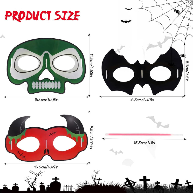 DERAYEE 3Pcs Halloween Costume Mask for Kids, Skeleton Bat Devil Halloween Eye Mask with 6 Glow Sticks Glow in the Dark Party Supplies for Kids Costume Cosplay Halloween Party Favor Supplies