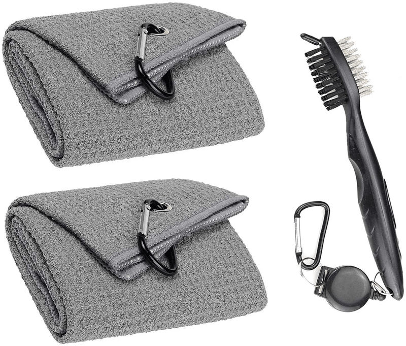 Aebor Golf Towels, Microfiber Waffle Pattern Tri-fold Golf Towel - Brush Tool Kit with Club Groove Cleaner, with Clip Men Women Golf Gifts (Black Towel+Black Brush)  Aebor 2 Grey Towel+black Brush  
