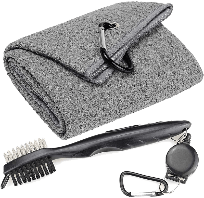 Aebor Golf Towels, Microfiber Waffle Pattern Tri-fold Golf Towel - Brush Tool Kit with Club Groove Cleaner, with Clip Men Women Golf Gifts (Black Towel+Black Brush)  Aebor Gray Towel+black Brush  