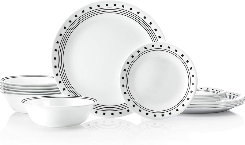 Corelle Vitrelle 18-Piece Service for 6 Dinnerware Set, Triple Layer Glass and Chip Resistant, Lightweight round Plates and Bowls Set, Winter Frost White