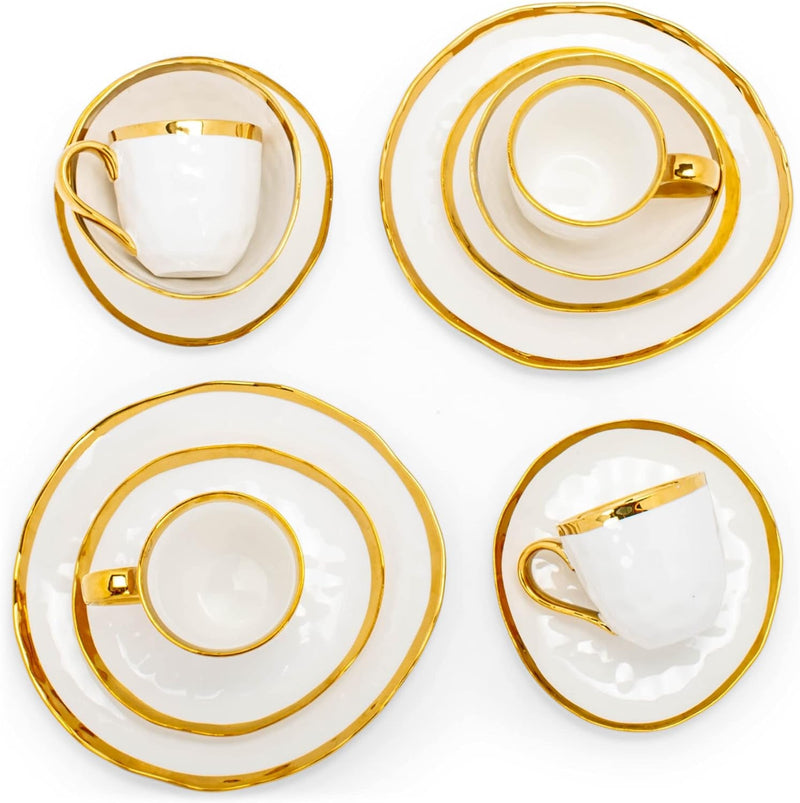 Elanze Designs 16-Piece Metallic Bubble Porcelain Ceramic Plates Bowls Mugs Dinnerware Set - Service for 4, White with Gold Accents