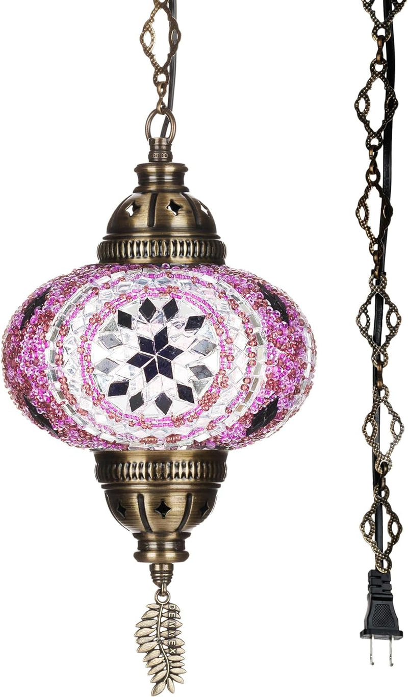 DEMMEX Authentic Turkish Plug in Pendant Light, 6.5" Big Size Globe, Made in Turkey, Turkish Moroccan Mosaic Ceiling Hanging Pendant Light Fixture Lamp, Swag Plug in with 15Ft Cord and Chain