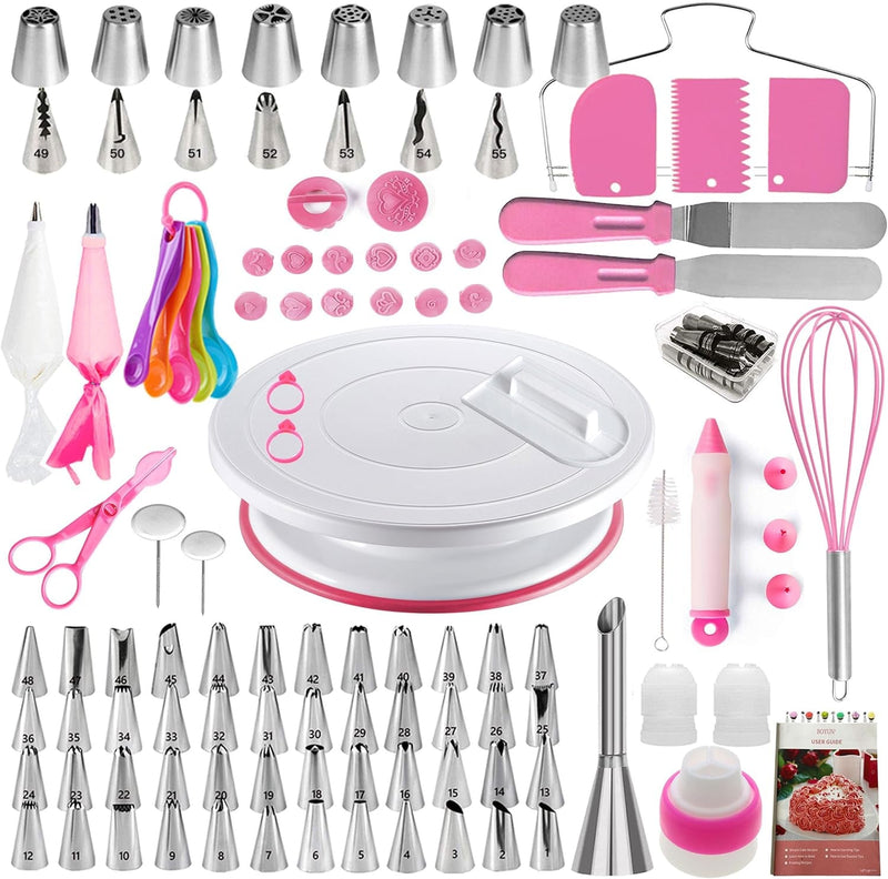 Cake Decorating Supplies Kit with Ebook, Cake Turntable for Decorating, 64 Icing Ping Tips, 32 Piping Bags,3 Icing Scrapers, 2 Spatulas, 14 Fondant Mould, Cake Leveler for Baking Beginners