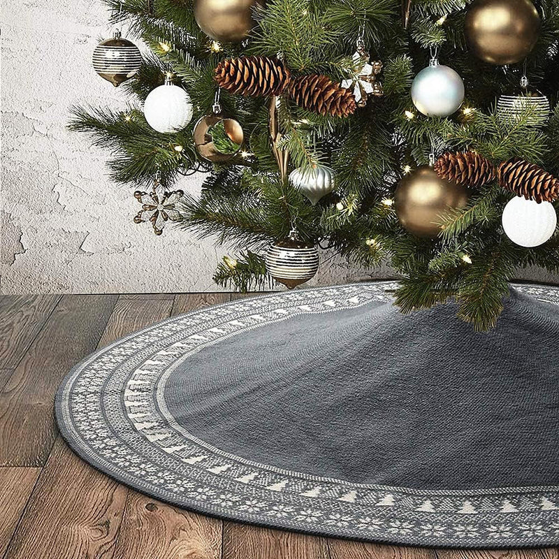 Dremisland Christmas Tree Skirt, Knitted Snowflake and Xmas Tree Pattern Thick Heavy Yarn Knit for a Warm Xmas Holiday Decoration (36Inch/90Cm, Grey)