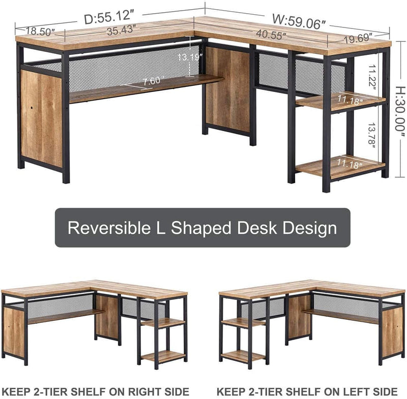 FATORRI Industrial L Shaped Computer Desk, Heavy Duty Bookshelf and Console Table for Home Office (Rustic Oak)