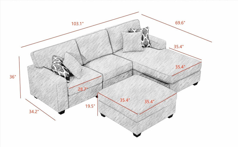 103'' Reversible Modular Sofa Couche with Ottoman Sectional, Grey