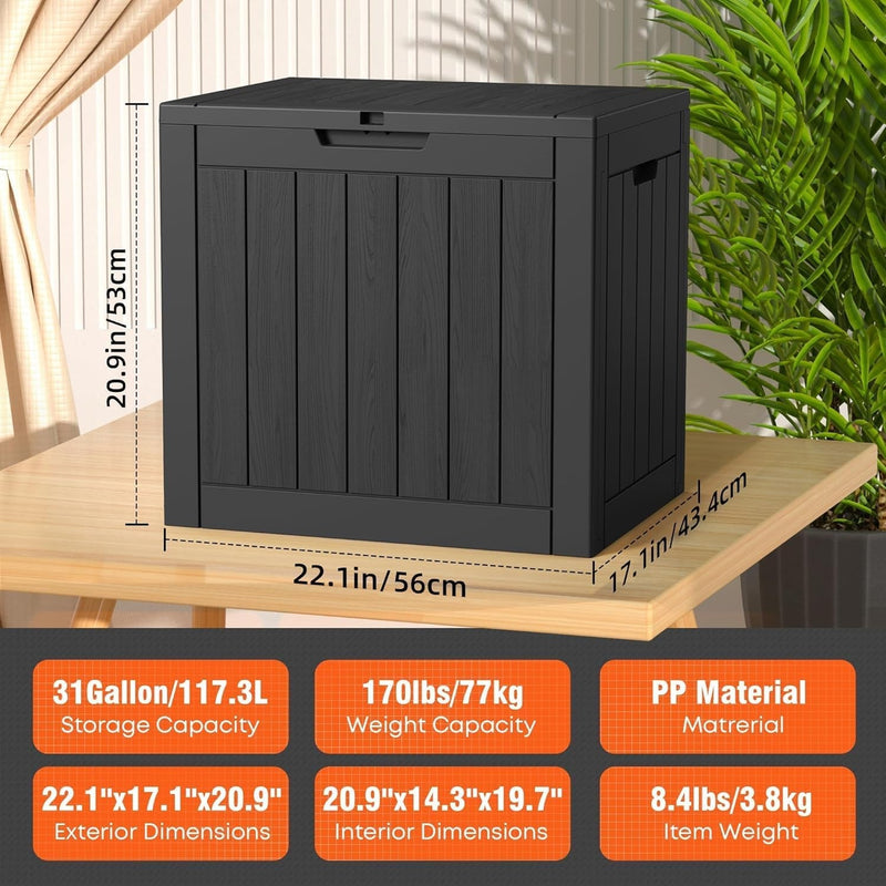 31 Gallon Outdoor Deck Box Waterproof Storage Resin Boxes UV Resistant Lockable Container for Patio Furniture Cushions Garden Tool Sports Equipment Pool Supplies Delivery Storage Outside