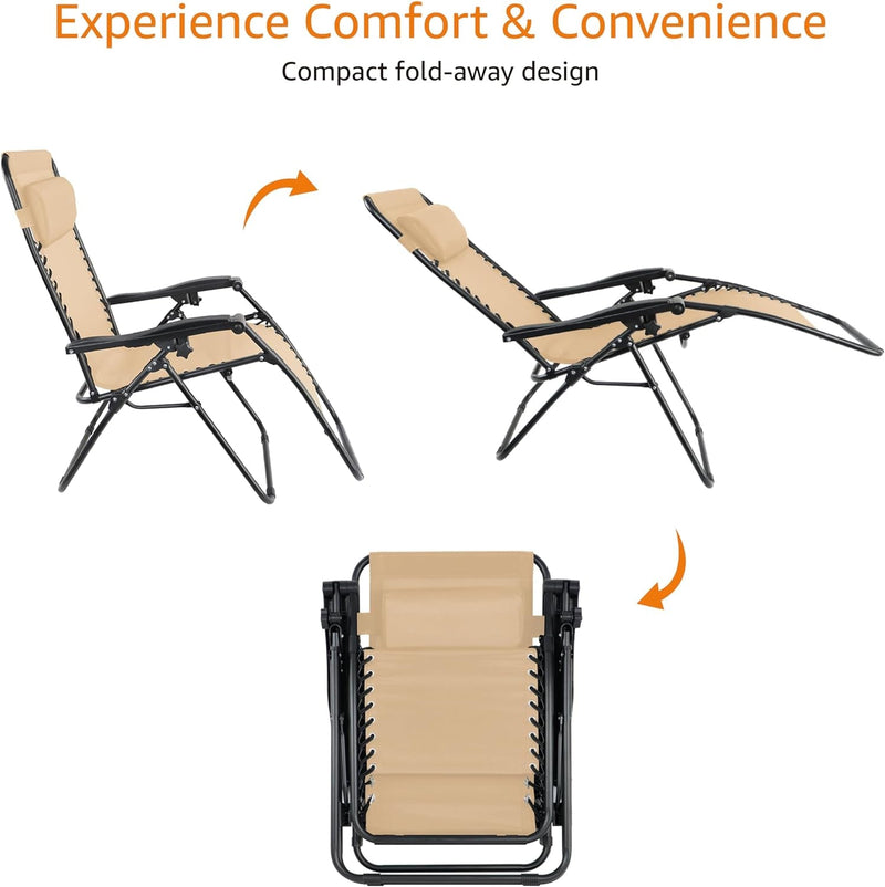 Amazon Basics Outdoor Textilene Adjustable Zero Gravity Folding Reclining Lounge Chair with Pillow, 26", Beige