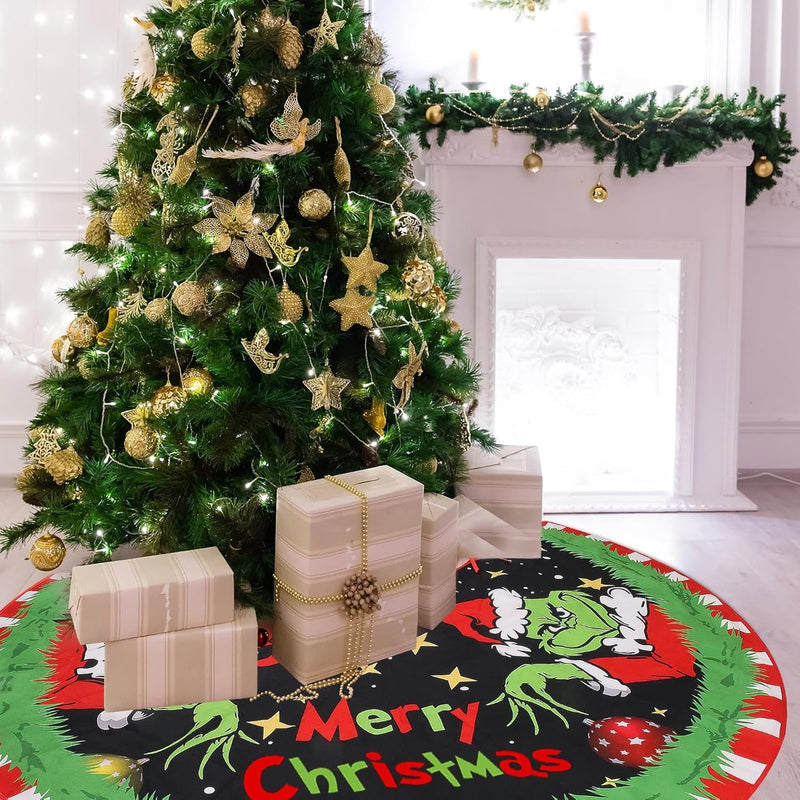 Christmas Tree Skirt 48 Inches, Red Velvet Faux Fur Trimmed Tree Collar with Snowflakes and Christmas Monsters Design for Holiday Party Decor