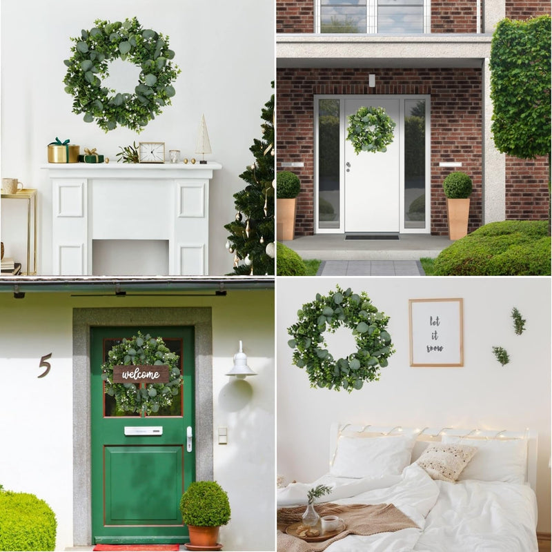 Artificial Eucalyptus Wreath for Front Door, Green Eucalyptus Leaves with White Flower Wreath Spring Summer Wreath for Wall Window Festival Thanksgiving Farmhouse Garden Home Decor