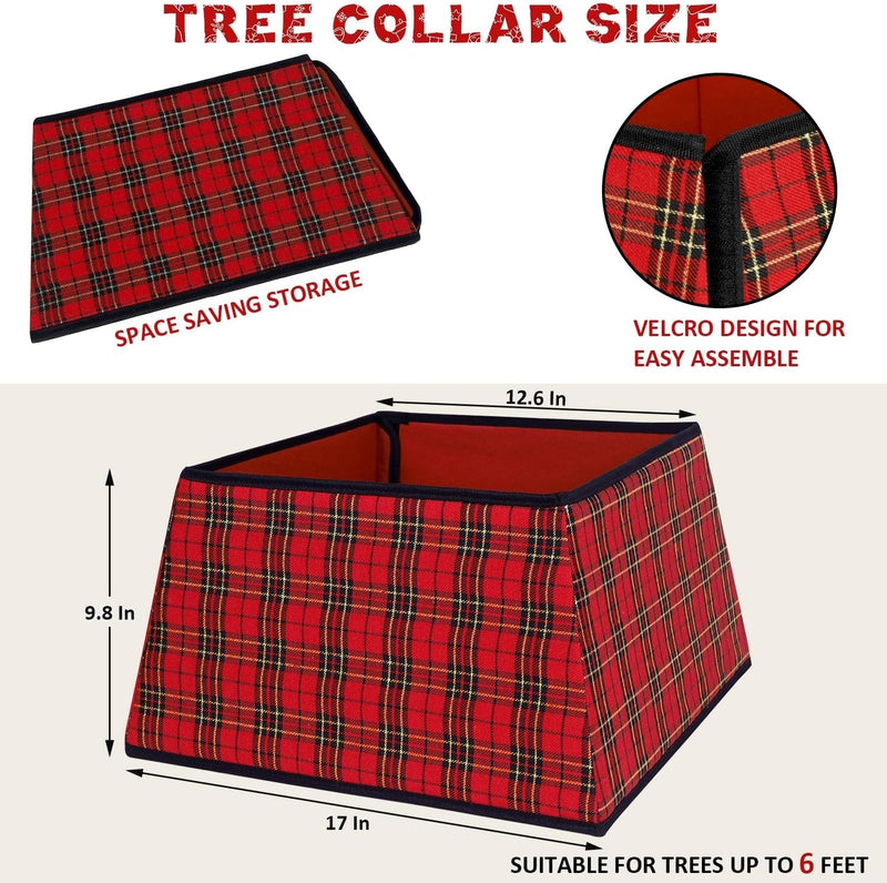 Blissun Fabric Christmas Tree Collar, Square Christmas Tree Ring, Willow Christmas Tree Skirt for Christmas Tree Decorations (Red & Black Plaid)