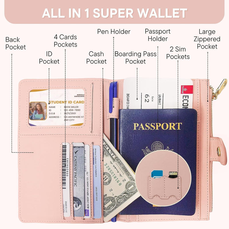 Elzama Passport Holder Women with RFID Blocking, Passport Cover Wallet with Zipper Pocket, Pen Sim Card Holders, Cute Slim Travel Wallet Passport Book Protector Case, Pink