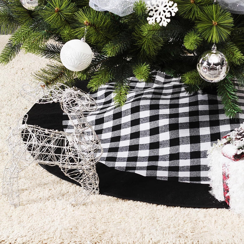 Black and White Buffalo Plaid Check Christmas Tree Skirt 48 Inches, Country Xmas Tree Decorations Tree Skirts Double Layers Holiday Ornaments