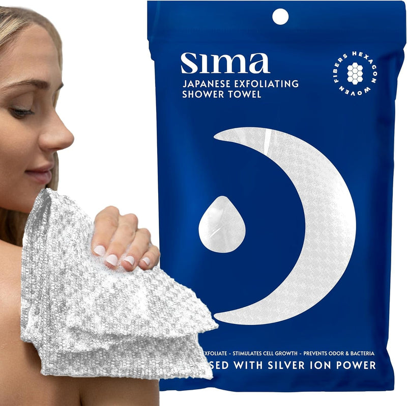 Exfoliating Washcloth Face & Body Scrub Towel - Japanese Exfoliating Towel with Hexagon Fibers, Exfoliating Body Scrubber with 2 Sides for Scrubbing & Washing (Body Towel - White)