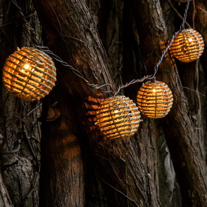 Decorative Lantern String Lights, 10 Mini Bulbs with Seagrass Rattan Wire Ball Style, UL Listed Connectable Weatherproof Indoor Outdoor Patio String Light Plug in for Home Pergola Porch Party Backyard