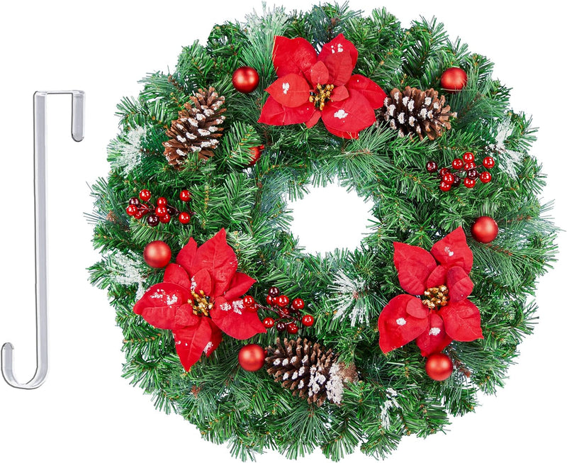 Christmas Wreath - Outdoor Christmas Decoration - 24 Inch Wreath with Frosted Red Poinsettia and Red Ornaments on 30 Inch Easel