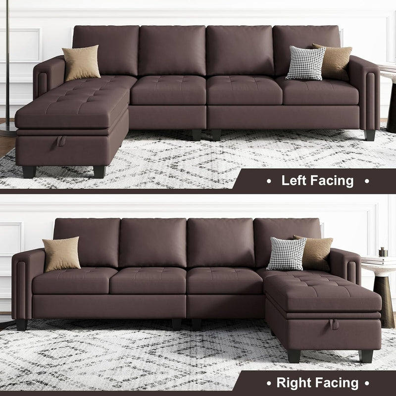 Belffin Faux Leather Convertible Sectional Sofa Couch L Shaped Couch Sofa with Reversible Chaise Leather Corner Sectional 4 Seat Sofa with Storage Ottoman Brown