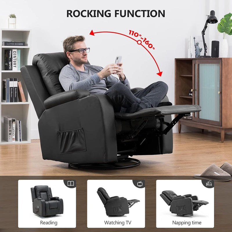 COMHOMA Leather Recliner Chair Rocker with Heated Massage Ergonomic Lounge 360 Degree Swivel Single Sofa Seat Drink Holders Living Room Chair Black