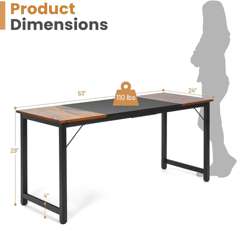 COSTWAY 63” Computer Desk, Modern Home Office Desk, Sturdy Steel Frame Writing Desk with Spacious Splice Desktop, Simple Laptop Desk for Study, Office, Dining Room, Simple Installation