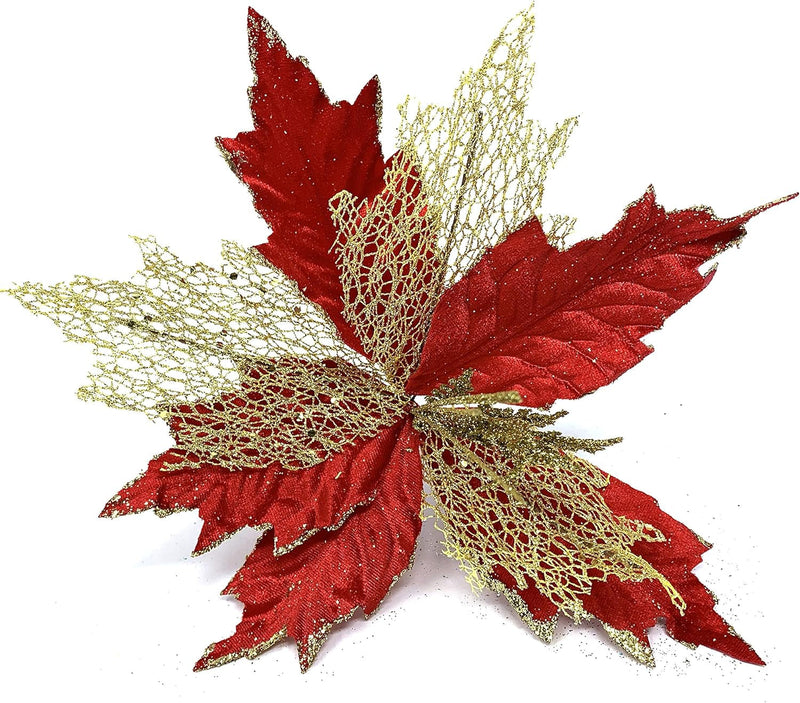 Allgala 6-PK Glitter and Sequin Decorated Fabric Poinsettia Artificial Christmas Flower with Clips-Champagne-Xf93306