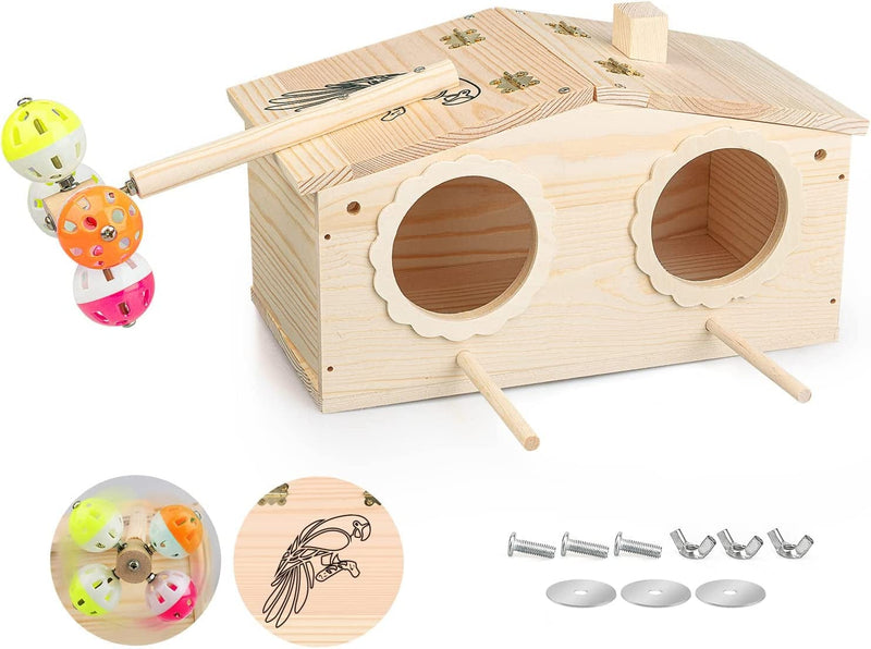 Agokud Hand Crafted Large Parakeet Nesting Box, Wood Budgie Nesting House Bird Parrots Breeding Box Cockatiel Mating Box Cage, Accessories with Coconut Shreds Rotating Bell Toys Finch Lovebirds Animals & Pet Supplies > Pet Supplies > Bird Supplies > Bird Cages & Stands AgoKud Large-1  