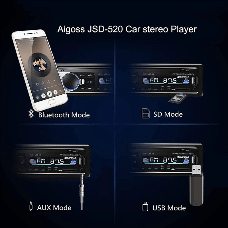 Aigoss Bluetooth Car Stereo, 4x60W Car Audio FM Radio, MP3 Player USB/SD/AUX Hands Free Calling with Wireless Remote Control