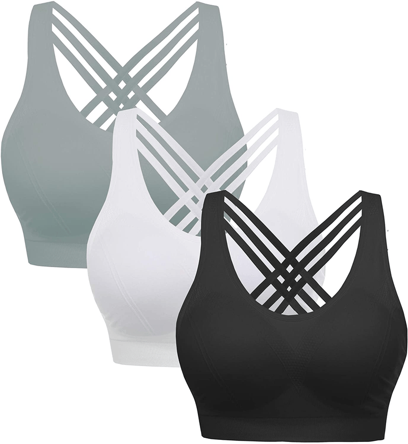 AKAMC 3 Pack Women's Medium Support Cross Back Wirefree Removable Cups Yoga Sport Bra Apparel & Accessories > Clothing > Underwear & Socks > Bras AKAMC 3 Pack Style-nj 3X-Large 
