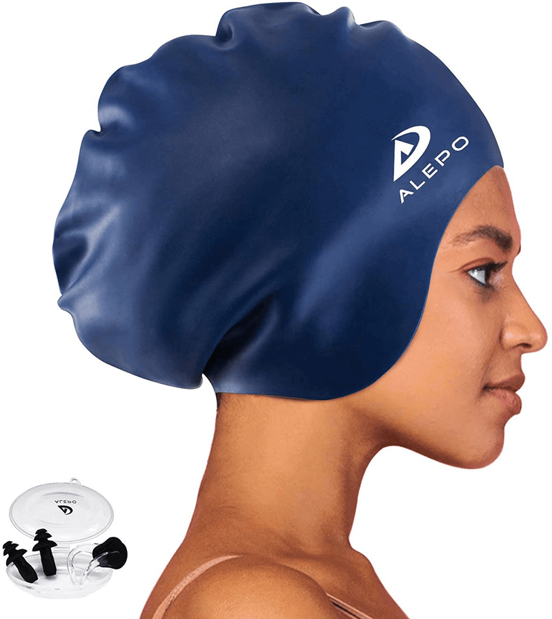 Alepo Extra Large Swim Cap for Women Men, Durable Silicone Swimming Hat with Ear Protection, Unisex Adults Bath Swimming Caps for Long Thick Curly Hair & Dreadlocks Braids Weaves Afro Hair Sporting Goods > Outdoor Recreation > Boating & Water Sports > Swimming > Swim Caps Alepo Navy  