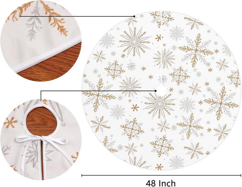 Christamas Tree Skirt 48 Inch, Snowflake Christmas Decorations for Home White Gold Christmas Decor Seaonal Winter Holiday Party Decorations