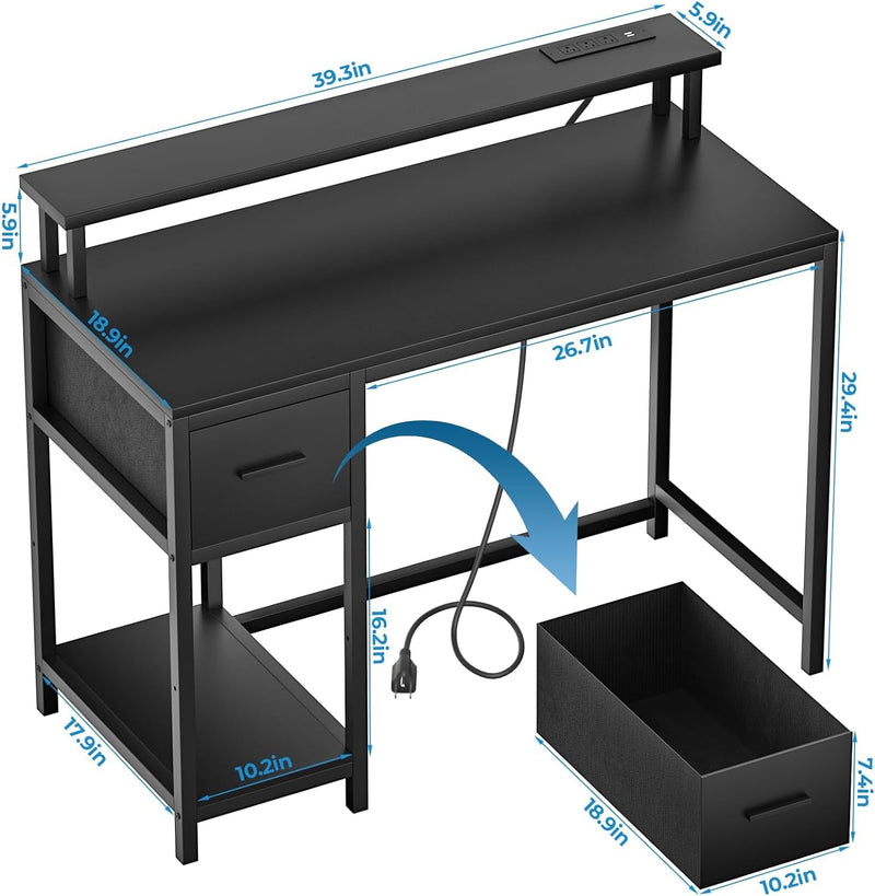 Greenforest Computer Desk with Drawers 39 Inch,Gaming Desk with LED Lights & Power Outlets Small Desk with Monitor Stand and Reversible Shelf,Black