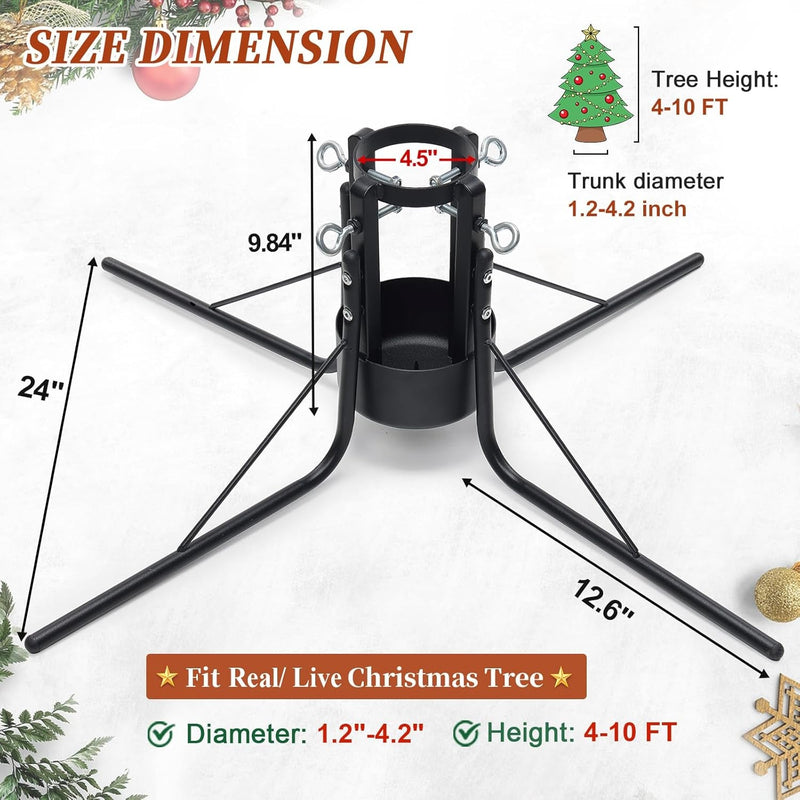 Christmas Tree Stand for Real Trees, Heavy Duty Metal Live Christmas Tree Stand, Adjustable Universal Replacement Xmas Tree Base Holder for Fresh Tree 4-10Ft, Fit 1.2-4.2 Inch Trunk Diameter