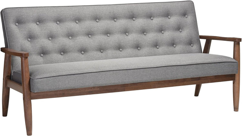 Baxton Studio Sorrento Mid-Century Retro Modern Fabric Upholstered Wooden 3-Seater Sofa, Grey 70.59 X 29.45 X 32.96