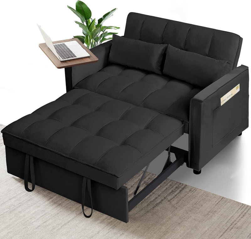 3 in 1 Convertible Couch, Pull Out Sofa Bed with 3-Level Adjustable Backrest, Sleeper Loveseat with Storage and Pillows, Modern Recliner for Living Room Apartment Office, Black