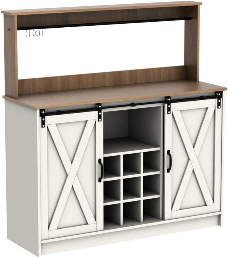 4Ever2Buy Farmhouse Coffee Bar Cabinet with 6 Hooks, 47'' Kitchen Coffee Bar with Hutch and 9 Wink Racks, White Coffee Bar Table with Sliding Barn Door for Dining Living Room